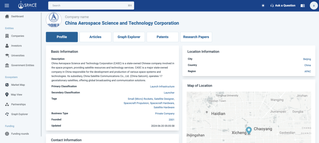 Manufacturer: China Aerospace Science and Technology Corporation (CASC) Space Impulse Platform Company Profile Screenshot